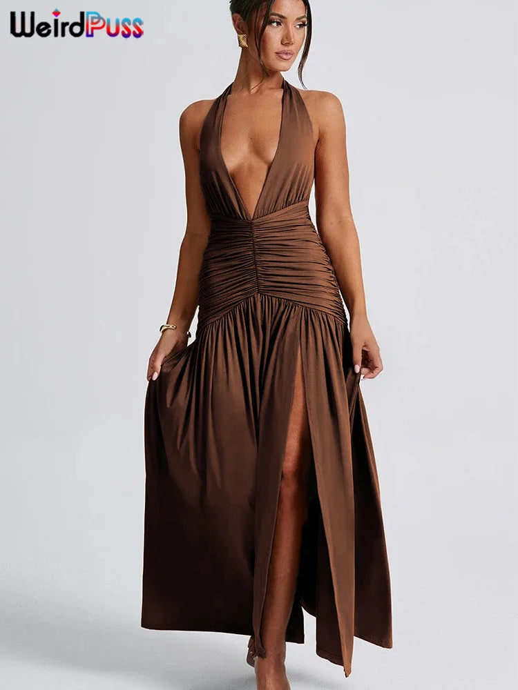 Weird Puss Deep V-Neck Halter Dress Woman Summer Ruffles Splits Backless Elegant Patchwork Solid Party Coquette Sexy Vestidos