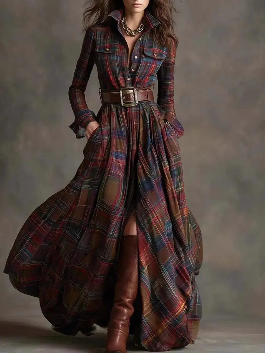 Plaid Button Front Pocket Maxi Dress