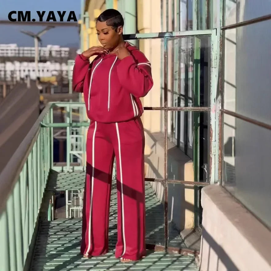 CM.YAYA Fashion Striped Splicing Women's Set Long Sleeve Hooded Sweatshirt and Sweat Pants Tracksuit 2024 Two 2 Piece Set Outfit
