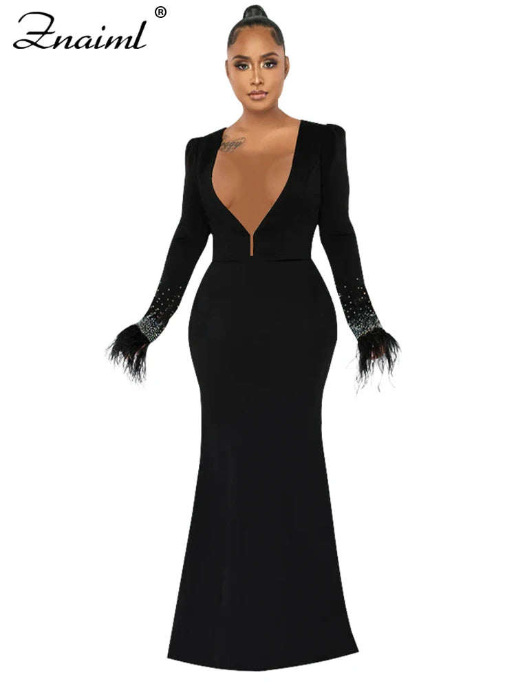 Znaiml Elegant Mermaid Skirt and Deep V Neck Feather Diamonds Long Sleeve Crop Tops Women Two Pieces Party Evening Matching Sets