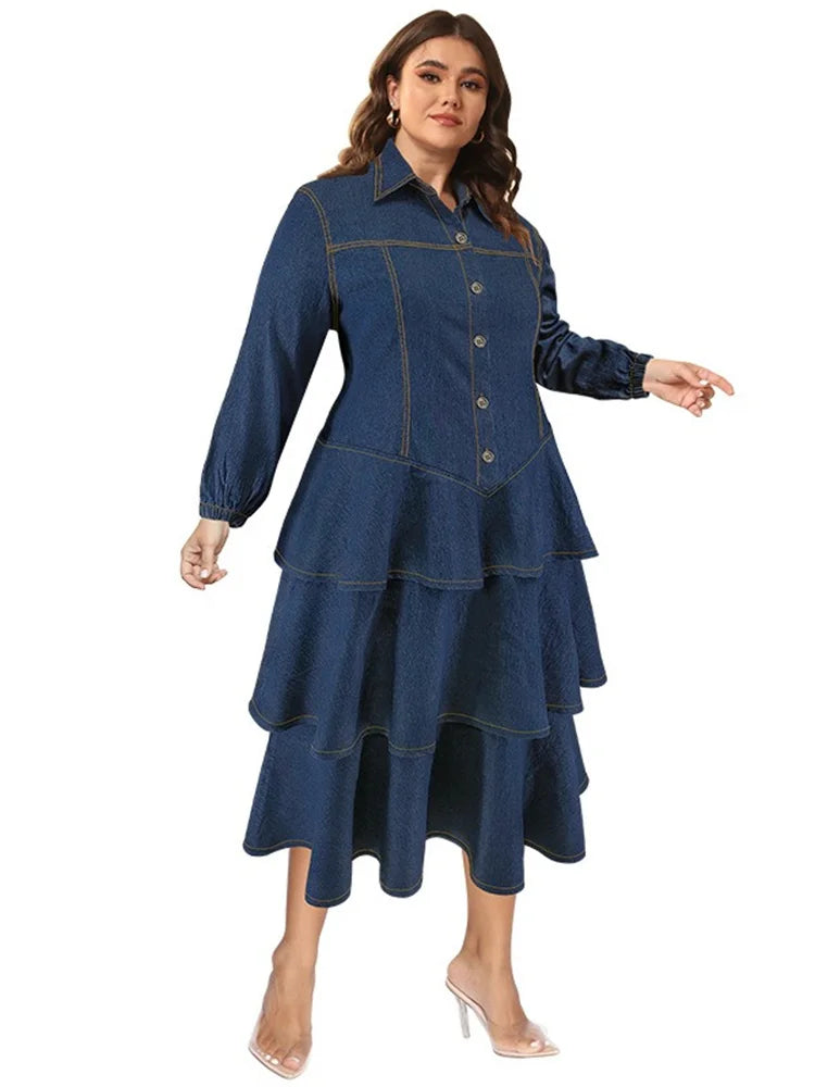Wmstar Plus Size Denim Dresses for Women Button Solid Fashion Elegant Maxi Long Dress Fall Winter Clothes Wholesale Dropshipping