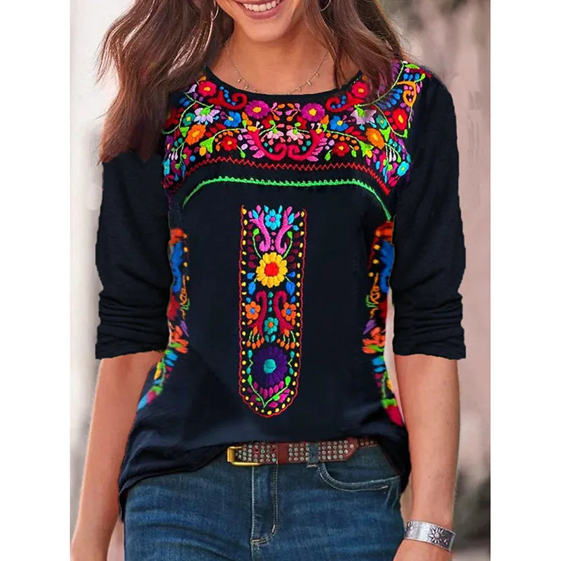 2024 Europe and the United States spring and summer new women's top Bohemian print V-neck long sleeve T-shirt woman