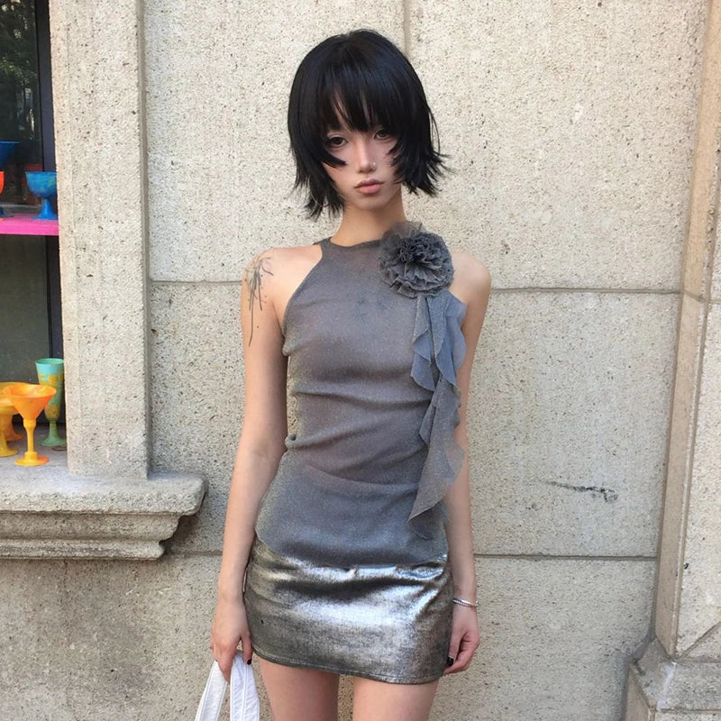 Karrram Japanese Y2k Mesh Tank Top Trashy 2000s Style Sleeveless Tops Vintage Harajuku Flower Irregular Tanktop Fairy Aesthetics