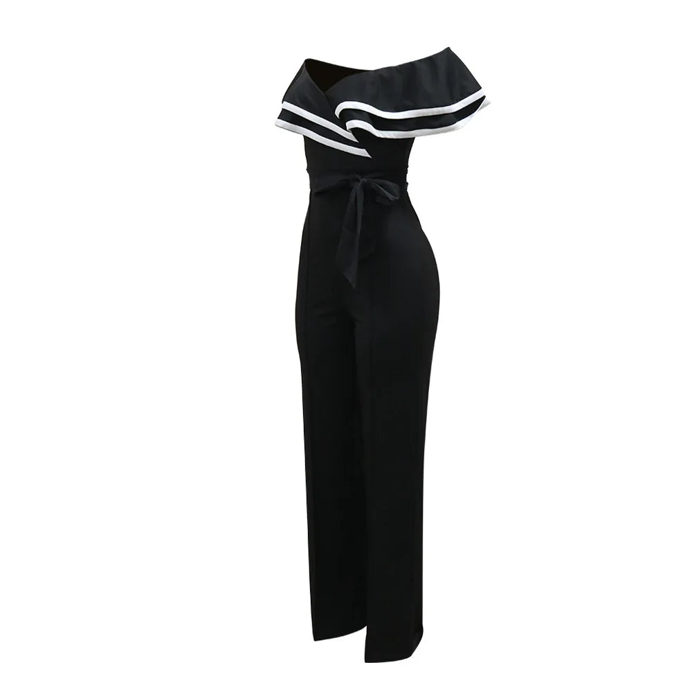 CM.YAYA Women V-neck Off Shoulder Ruffles Wide Leg Jumpsuits 2024 Summer Fashion Sexy Party Playsuit One Piece Suit Rompers