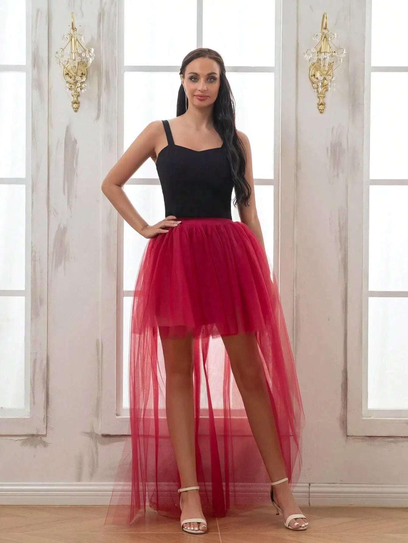 MisShow Hi-Lo Tulle Petticoat Women's Long Four Layer Puffy Skirt Fuchsia Tutu Skirts Adult Junpon Goth For Party Cocktail