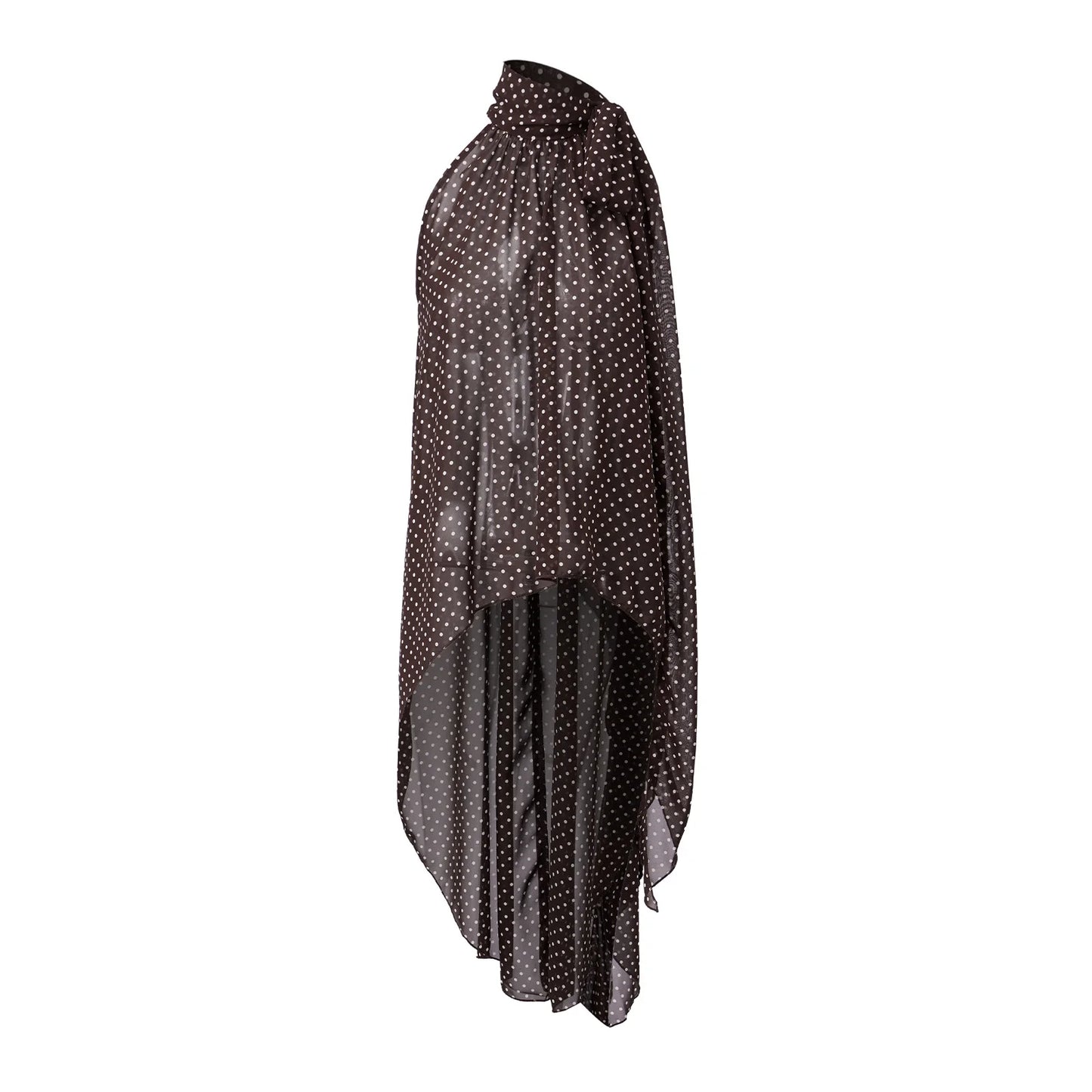 Elegant Irregular Blouse with Tie Up Mock Neck Chiffon Dots Print for Women