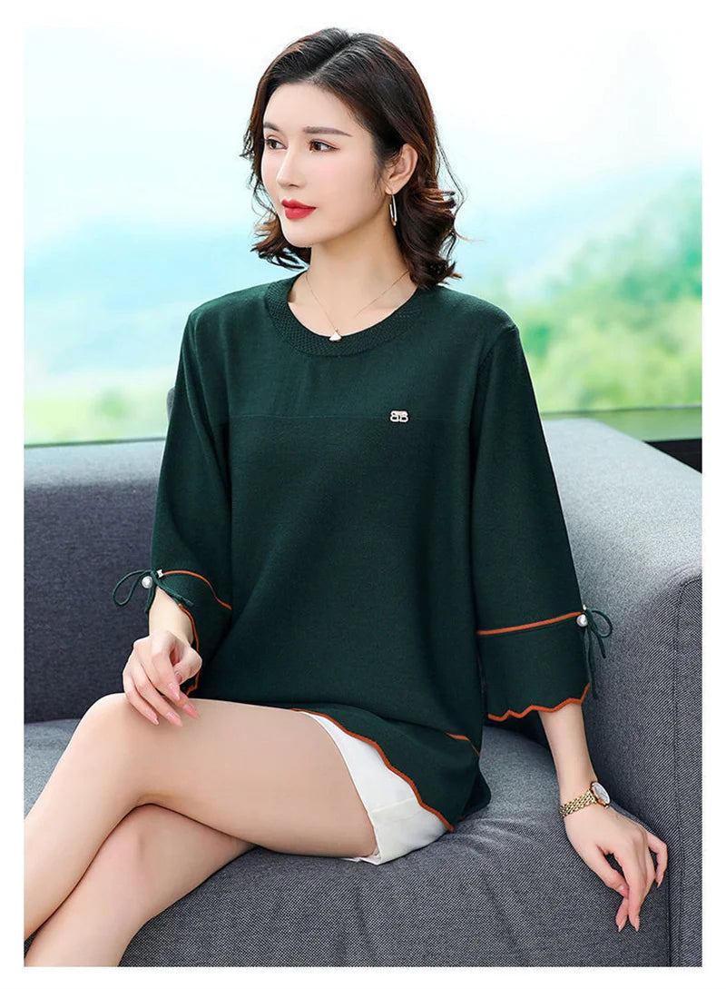 6XL Mom Large Summer New Ice Silk Shirt 3/4 Sleeves Round necked T-shirt Knit Sweater Loose Top For Wearing Outwear Top Black