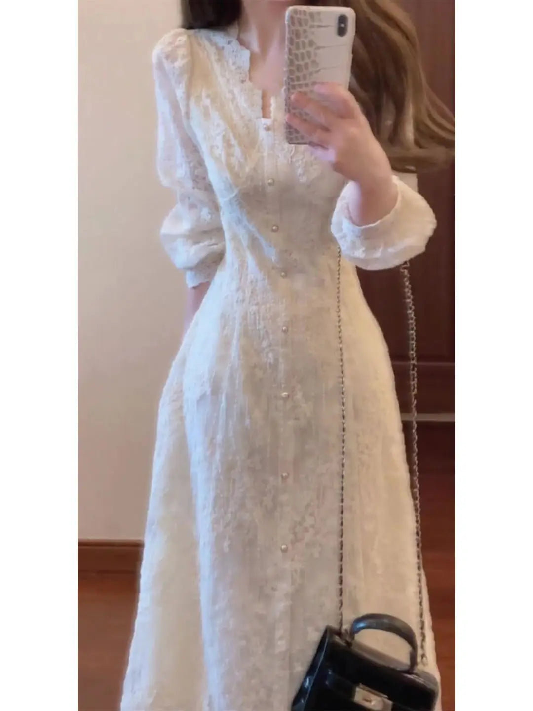 Elegant Lace Embroidered A-Line Dress with Long Sleeve for Women