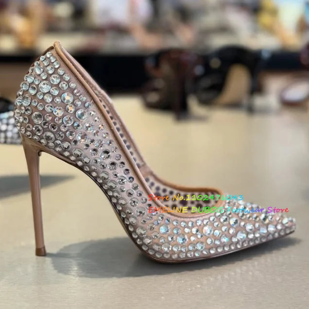 Crystal Embellished High Heel Pumps Women Pointed Toe Leather Stiletto Heel Slip On Solid Color Banquet Wedding Dress Shoes