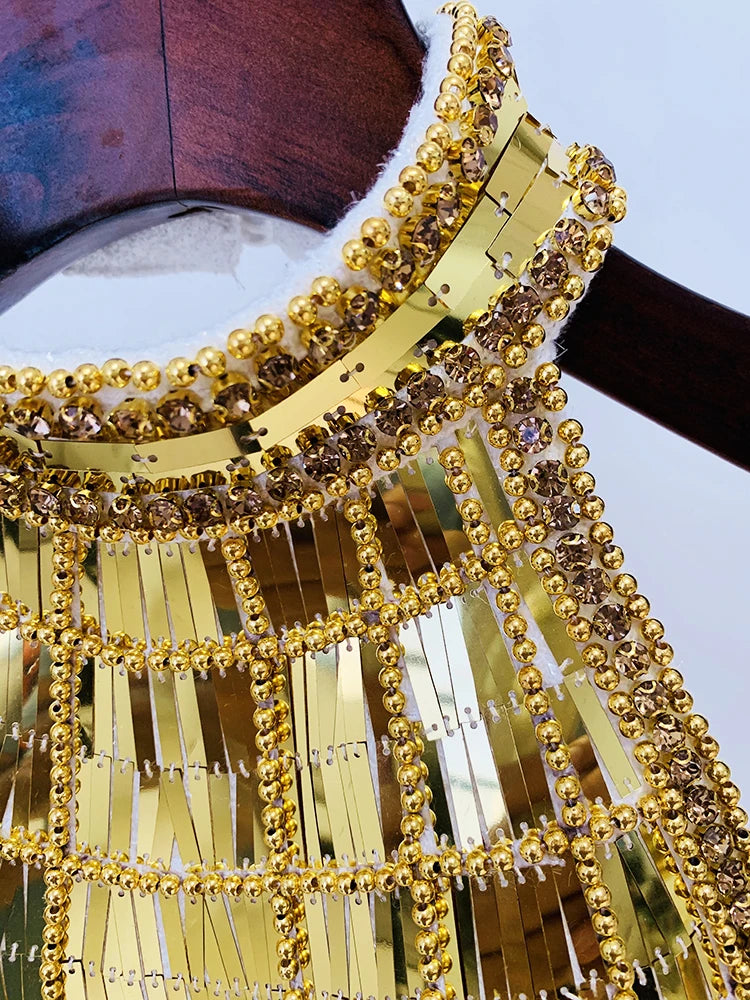HIGH STREET Newest Fashion 2024 Designer Tops Women's Stunning Metallic Diamonds Beaded Halter Neck Tweed Camis Tank Tops