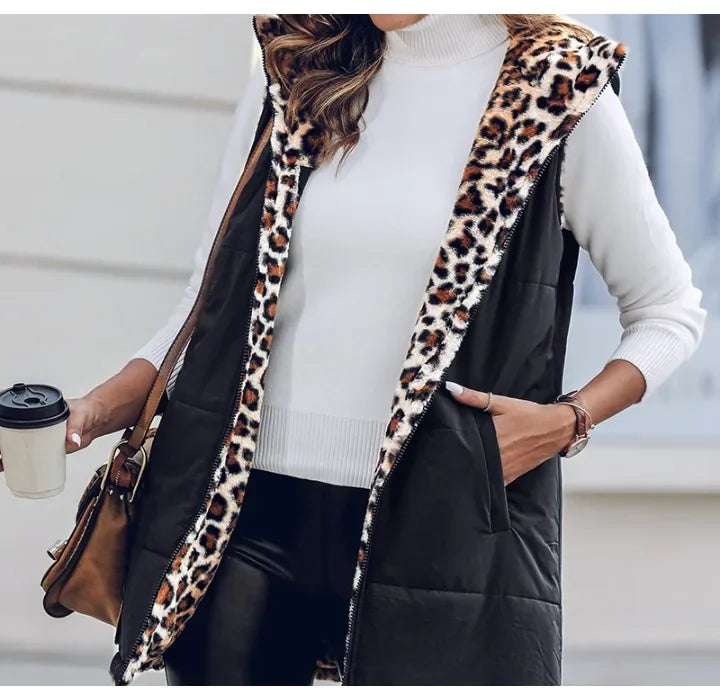 Zip Up Jacket Women VestSleeveless Latest Leopard Pattern Hoodie Pockets Long Warm Winter Coat Streetwear 2025 Autumn Winter