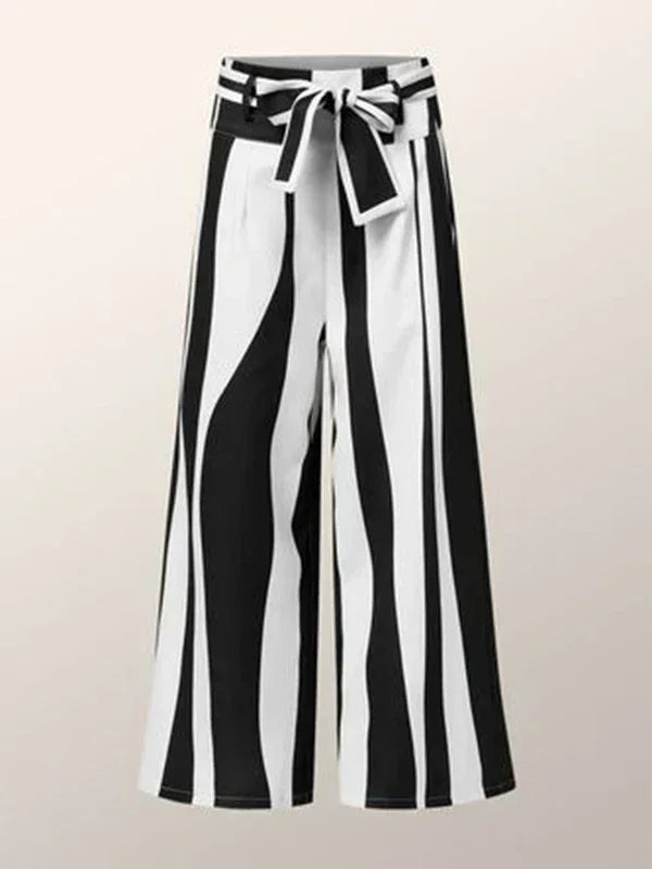 Fashion Black White Striped Wide Leg Pants Women 2024 New Autumn Lace-up High Waisted Loose Casual Commute Trousers
