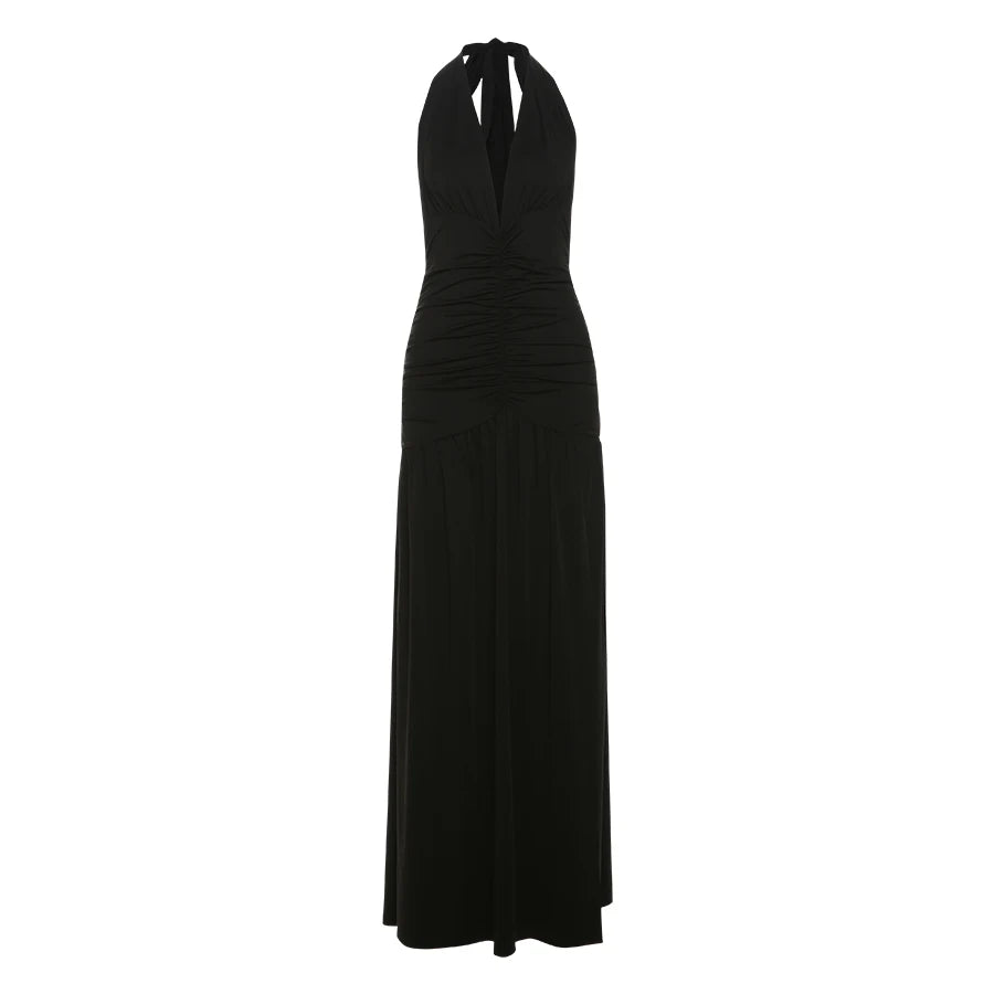 Weird Puss Deep V-Neck Halter Dress Woman Summer Ruffles Splits Backless Elegant Patchwork Solid Party Coquette Sexy Vestidos