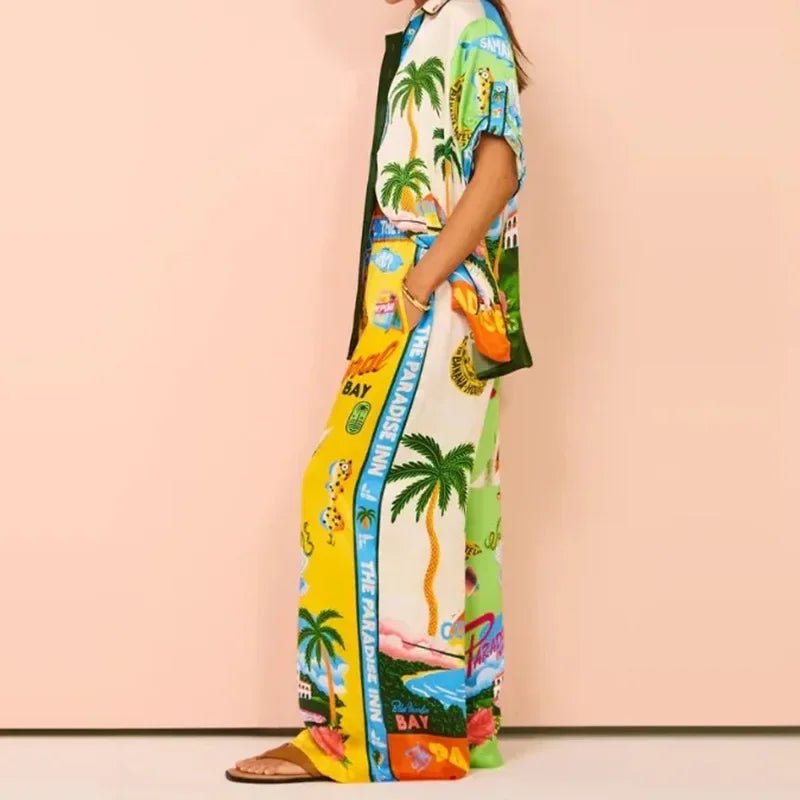 Long Sleeve Long Pant Sets Women Retro Lapel Single Breasted Blouses Trousers 2 Piece Set Printed Color-blocking Elastic Waist