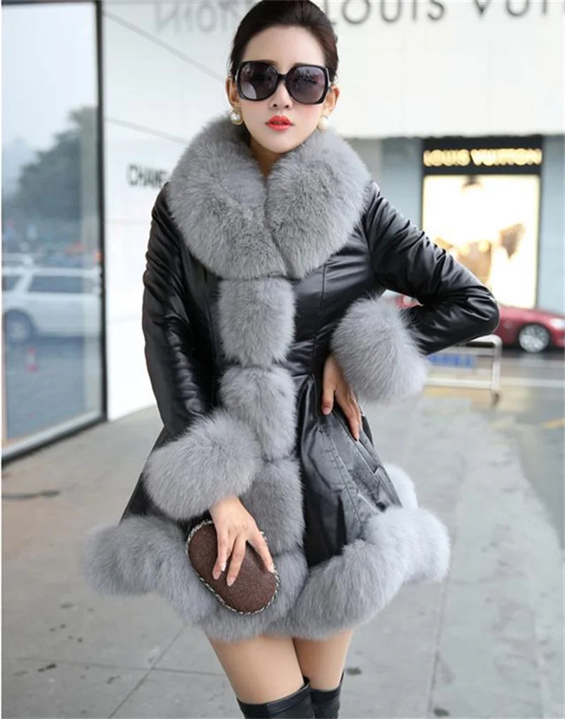 Size 6XL Women's Clothing Autumn Winter Imitation Fox Fur Big Fur Collar Thick Warm Female's Leather Jacket Slim Fur Coat