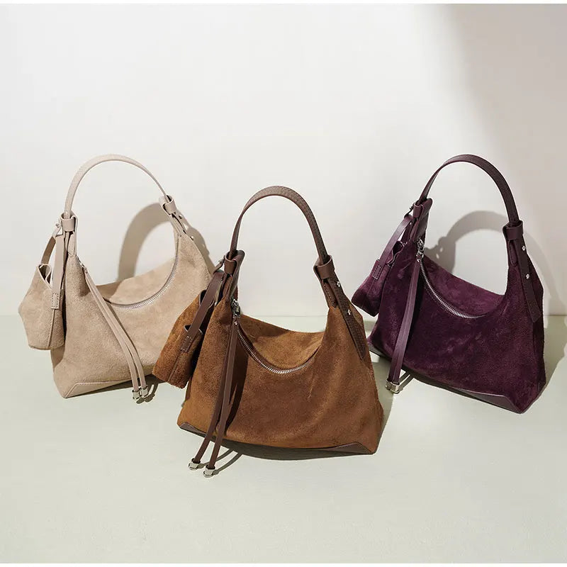Classic Suede Women's Handbag New Simple Versatile Work Commuting Underarm Bag Genuine Leather Texture Fashion Shoulder Lady Bag