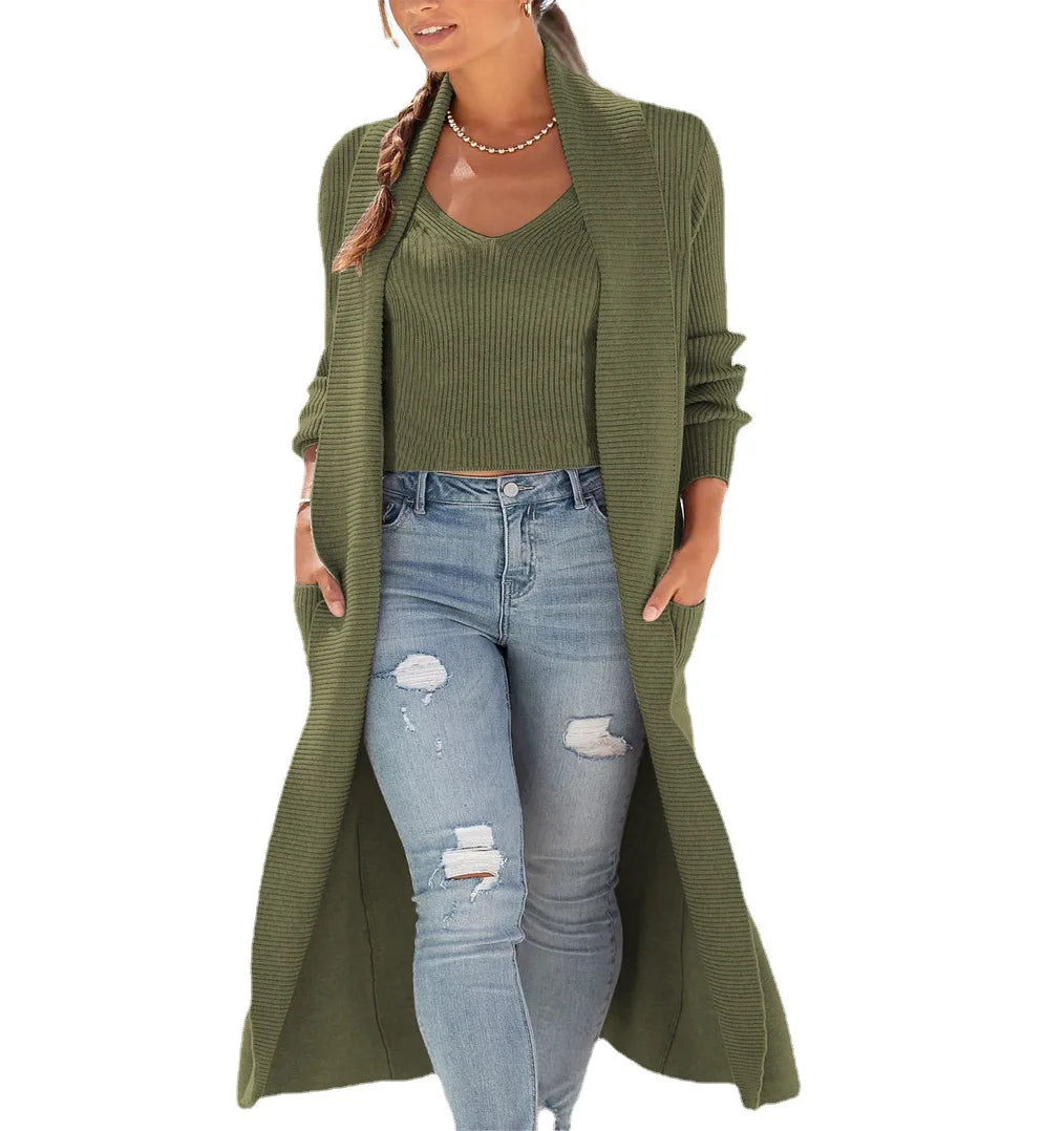 Women's Solid Color Cardigan Knitted Sweater 2Pcs/Set Commuting Winter Vest Overcoat Set Women Loose Elastic Cardigan Coat Warm