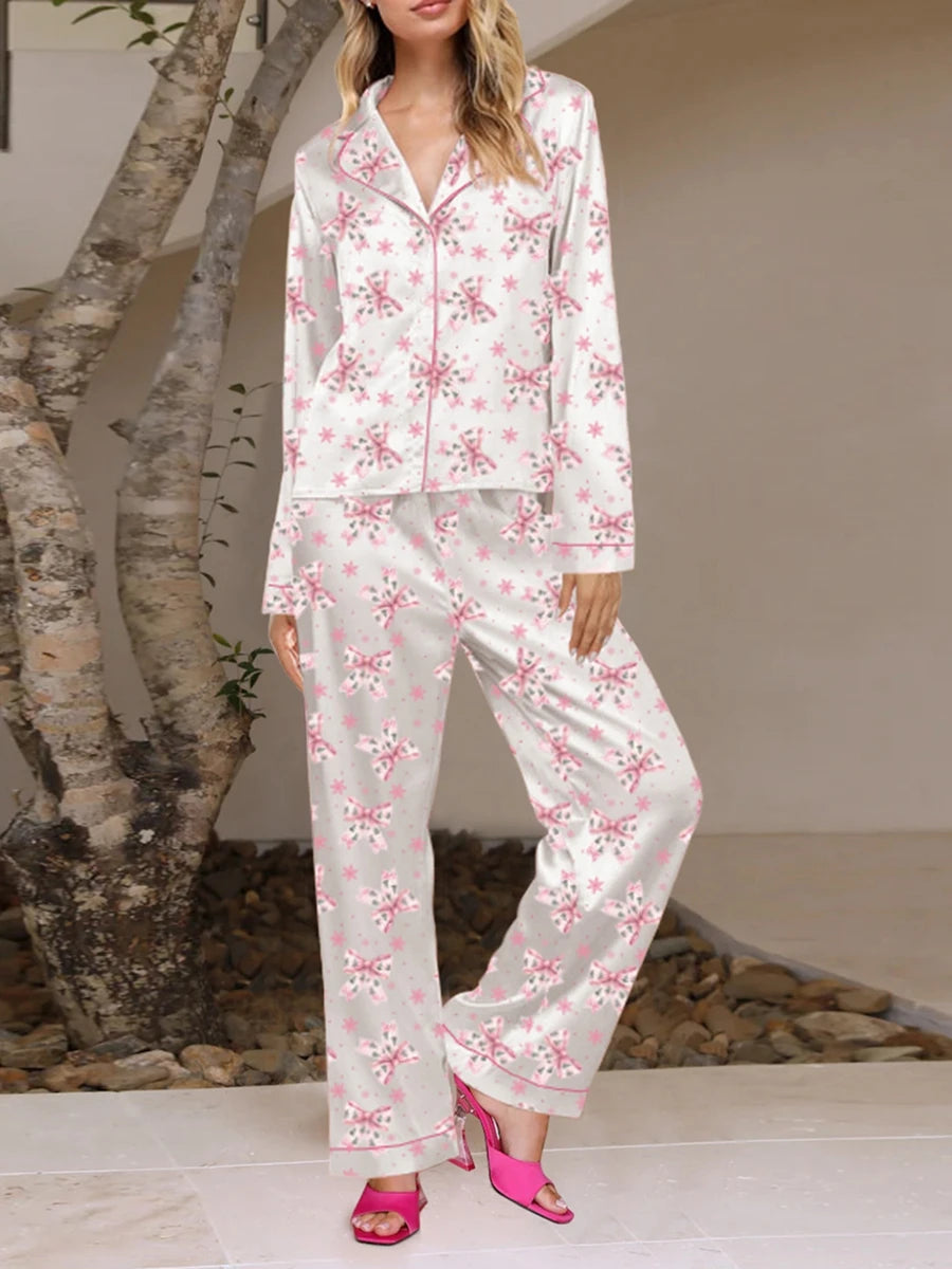 Women'S Autumn Winter Clothing Christmas Elements Cute Bow Print Long Sleeved Shirt Elastic Pants 2PCS Street Wear Home Wear