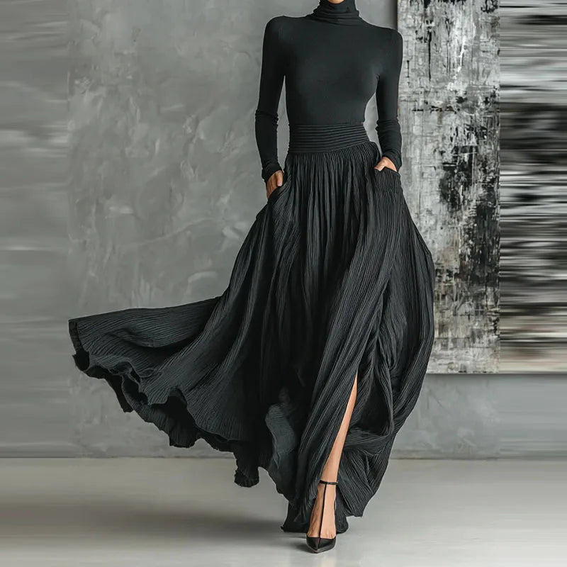 Elegant Turtleneck Pullover & Long Skirt Set Women Casual Long Sleeve Pocket Solid Skirt Outfits Fashion Draped Slim 2Pc Suits