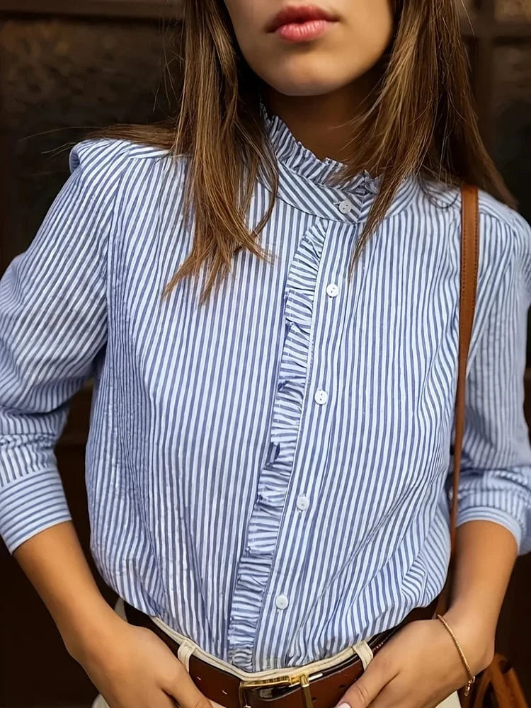 Plus Size Women's 2025 New Women's Blue Striped Shirt Basic Comfortable Versatile Temperament Long Sleeve Shirt