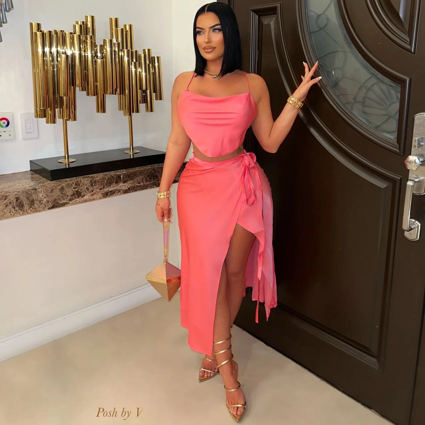 CM.YAYA 2025 Sexy Party Club Night Women's Set Halter Neck Crop Top and Side Split A-line Maxi Skirt Suit Two 2 Piece Set Outfit