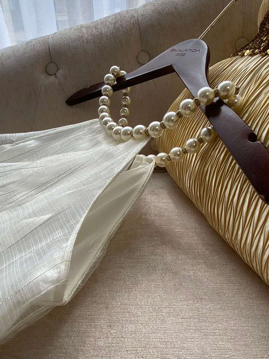 Fashion Sweet Short Elegant Dress 2024 Summer New Heavy Pearl Halter Blue Feather Embroidered Gold Thread Sleeveless Sling Dress