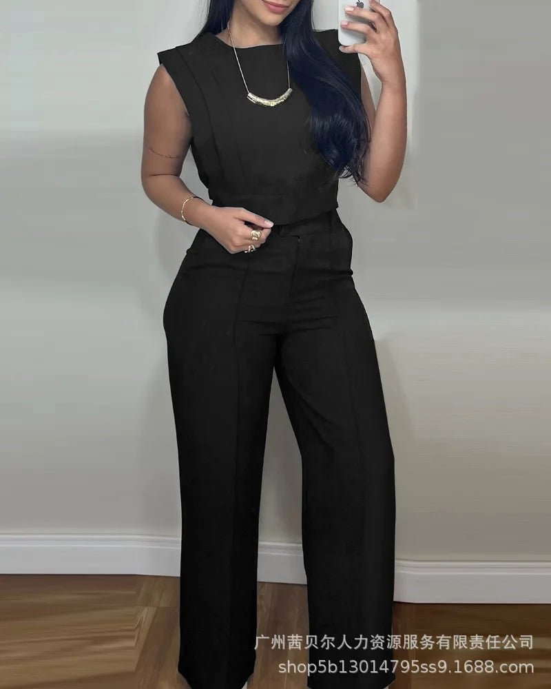Two Piece Sets Women Pant Set Matching Sets Vest Short Tops High Waist Wide Leg Long Pants Casual Work Elegant Y2k Streetwear