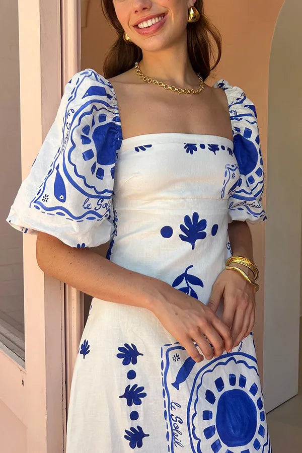 Summer Dress Elegant Women Flower Printed Maxi Dress High Waisted Short Sleeve Square Collar 2025 Summer Fashion Holiday Dresses