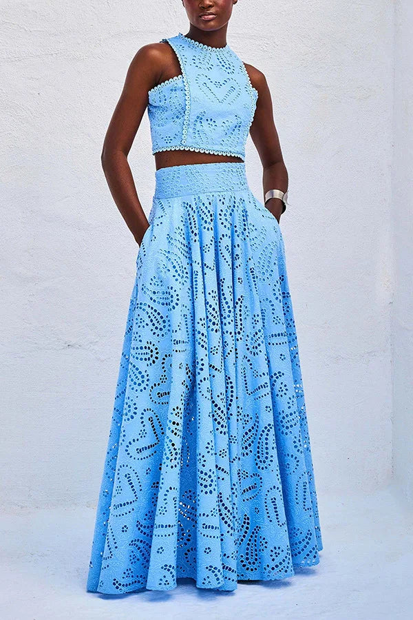 Women Hollow Out Sleeveless Embroidery Two-Piece Set 2025 O-Neck Blouse + Lace Pockets Skirt beach New Two Piece Set