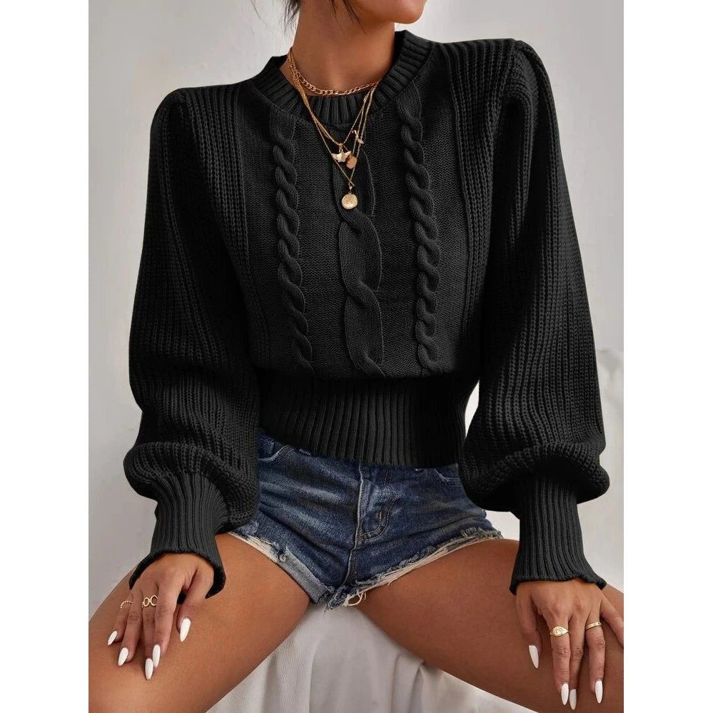 Women Round Neck Lantern Sleeve Knit Sweater Female Spring Casual Twist Rope Top y2k Clothes Streetwear