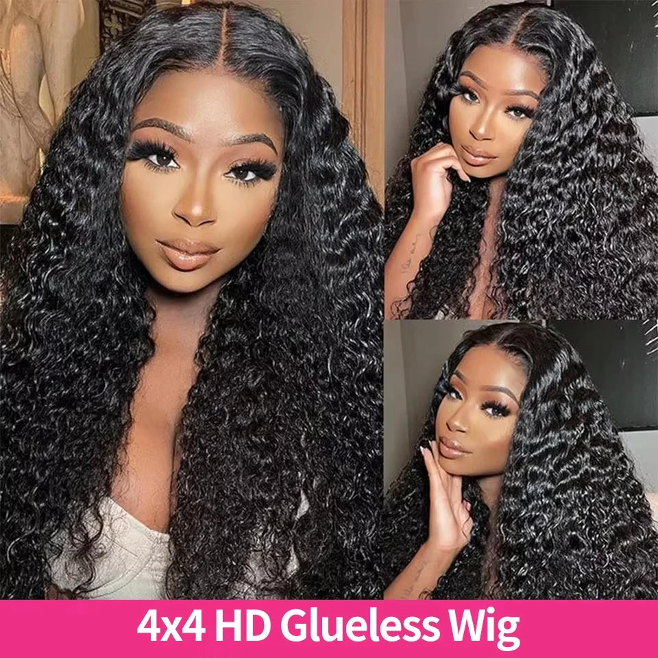 Deep Wave Wear & Go Glueless Pre-Cut Lace Wig Pre-Plucked Natural Black Water Wave Glueless Wig Curly Human Hair Wigs For Women
