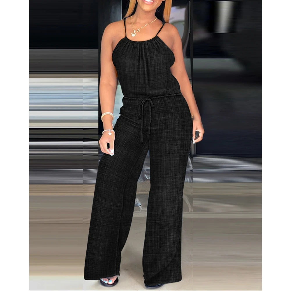 Women Solid Color Round Neck Wide Leg Straight Overalls Summer Spaghetti Strap Drawstring Waist Casual Black Jumpsuits