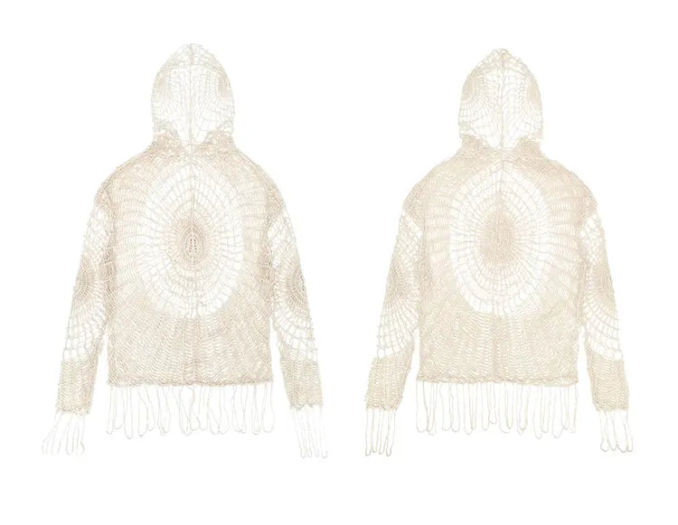 Karrram Japanese Y2k Hollow Out Knitted Top Trashy 2000s Style Spider Web Pullover Vintage Harajuku Hole Hooded Knitwear Grunge