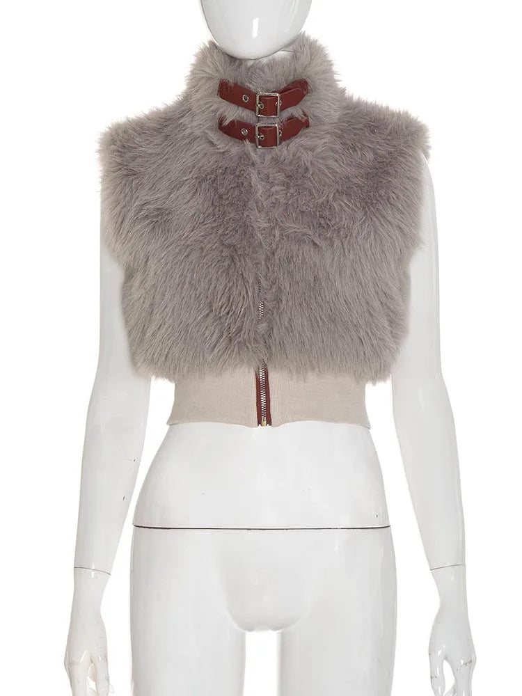 Weird Puss Sexy Furry Tank Tops Women Autumn Trend Patchwork Zip Metal Leather Buckle Slim Hottie Wild Street Clubwear Waistcoat