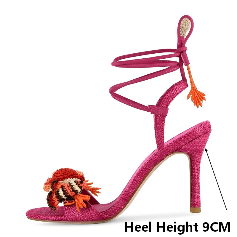 Pink Lace-Up Ankle Wrap Stiletto Sandals for Women