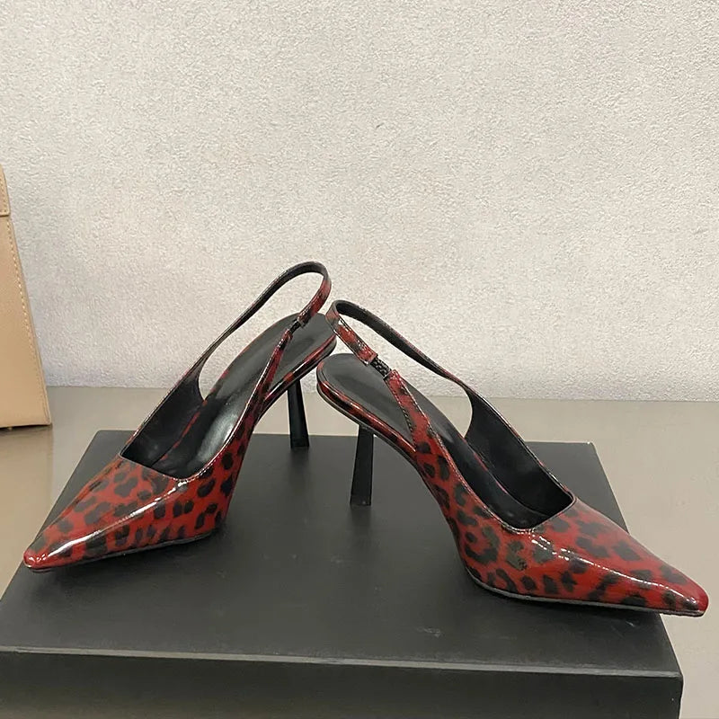Fashion Pointed Toe Ladies High Heels Sandals Shoes Female Slip On Footwear Leopard Print Women Heeled Sandals Shoes Pumps