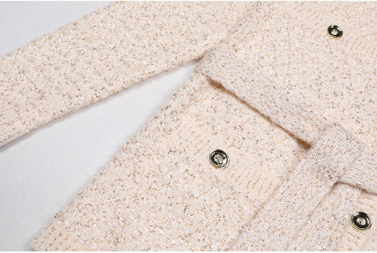 2025 Spring and Autumn New High-end Fashion Long-sleeved Sequined Knitted Cardigan Elegant Commuter V-neck Cardigan Top Jacket