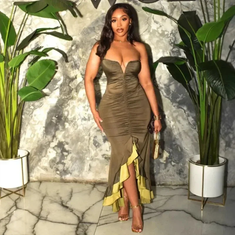 Summer Women V-neck Strapless Sleeveless Ruffles Maxi Long Dress 2025 Vacation Sexy Party Evening Bodycon Dresses Outfits