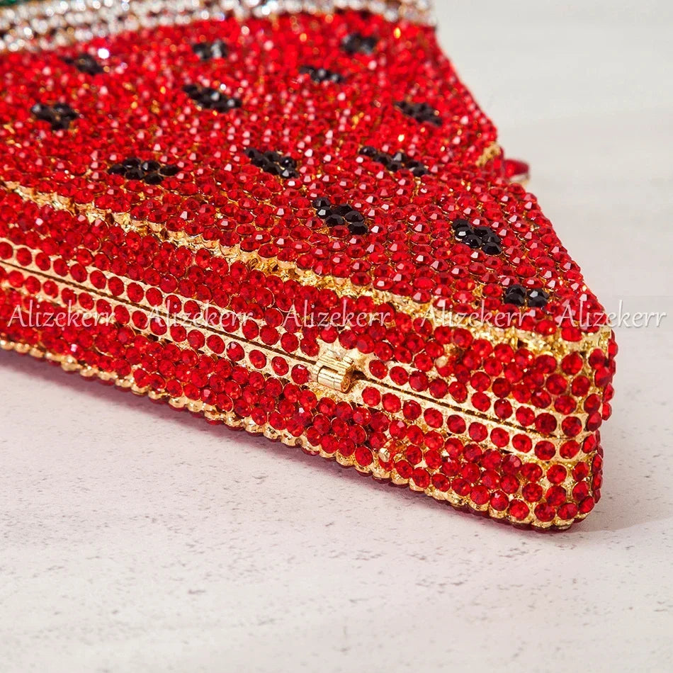 Alizekerr Pizza Shaped Diamond Evening Clutch Bags 2024 New Gorgeous Unique Metallic Watermelon Rhinestone Purses Wedding Party