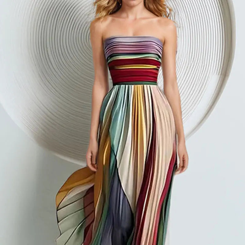 Elegant Sexy Off Shoulder Tube Tops Colorful Stripes Maxi Dress Women Sleeveless Color Collision Wrinkles Irregular Party Dress
