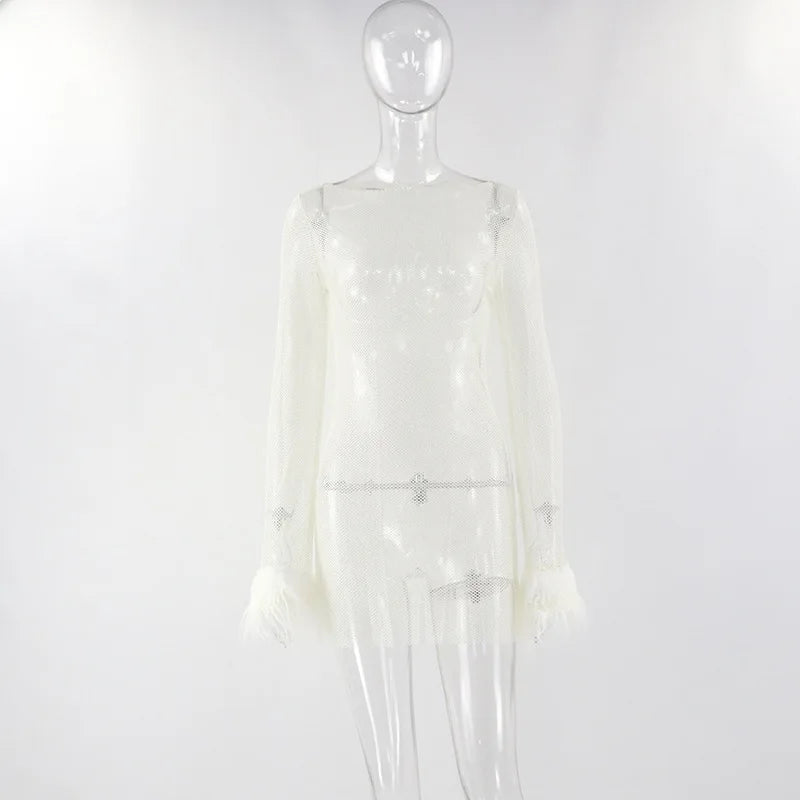 See Through Mesh Mini Dress Women Autumn Black Long Sleeves O-Neck Bodycon Elegant Sexy Dress Club Partywear Fashion Streetwear