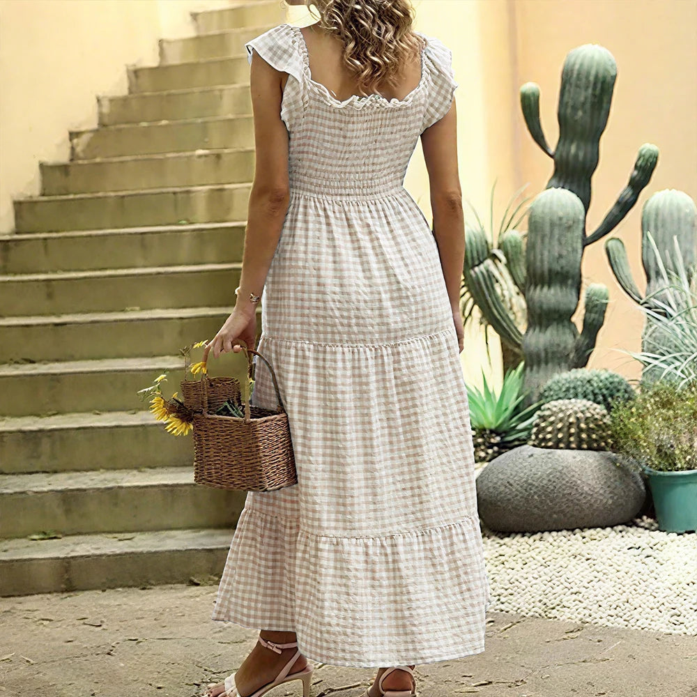 Women's Check Plaid Sleeveless Square Neck A-Line Maxi Dress Summer Ladies Casual Vacation Holiday Beach Sundress Size S-2XL
