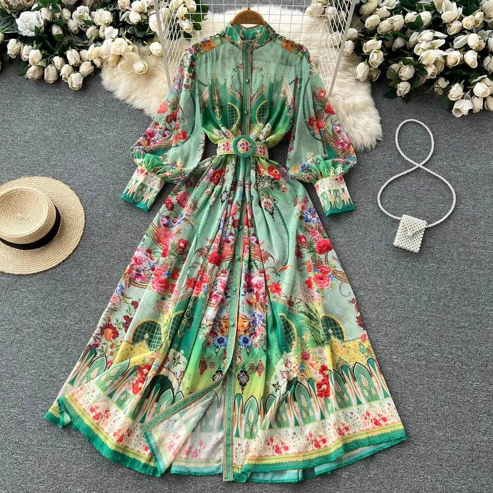 Women's Turtleneck Lantern Sleeve Single Breasted Flower Print Maxi Dress Autumn Bohemian Chiffon Green Belt Holiday Vestidos
