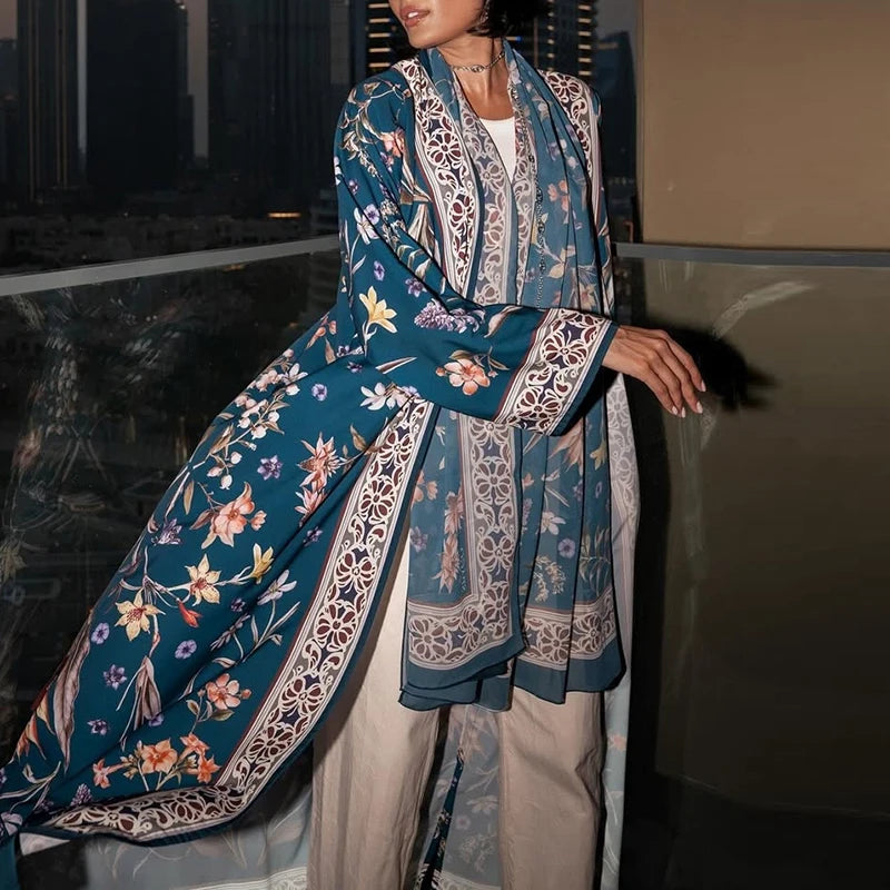 Elegant High Street Swing Vacation Jackets 2025 New Women's V Neck Autumn Coat Floral Print Long Sleeved Loose Muslim Cardigan