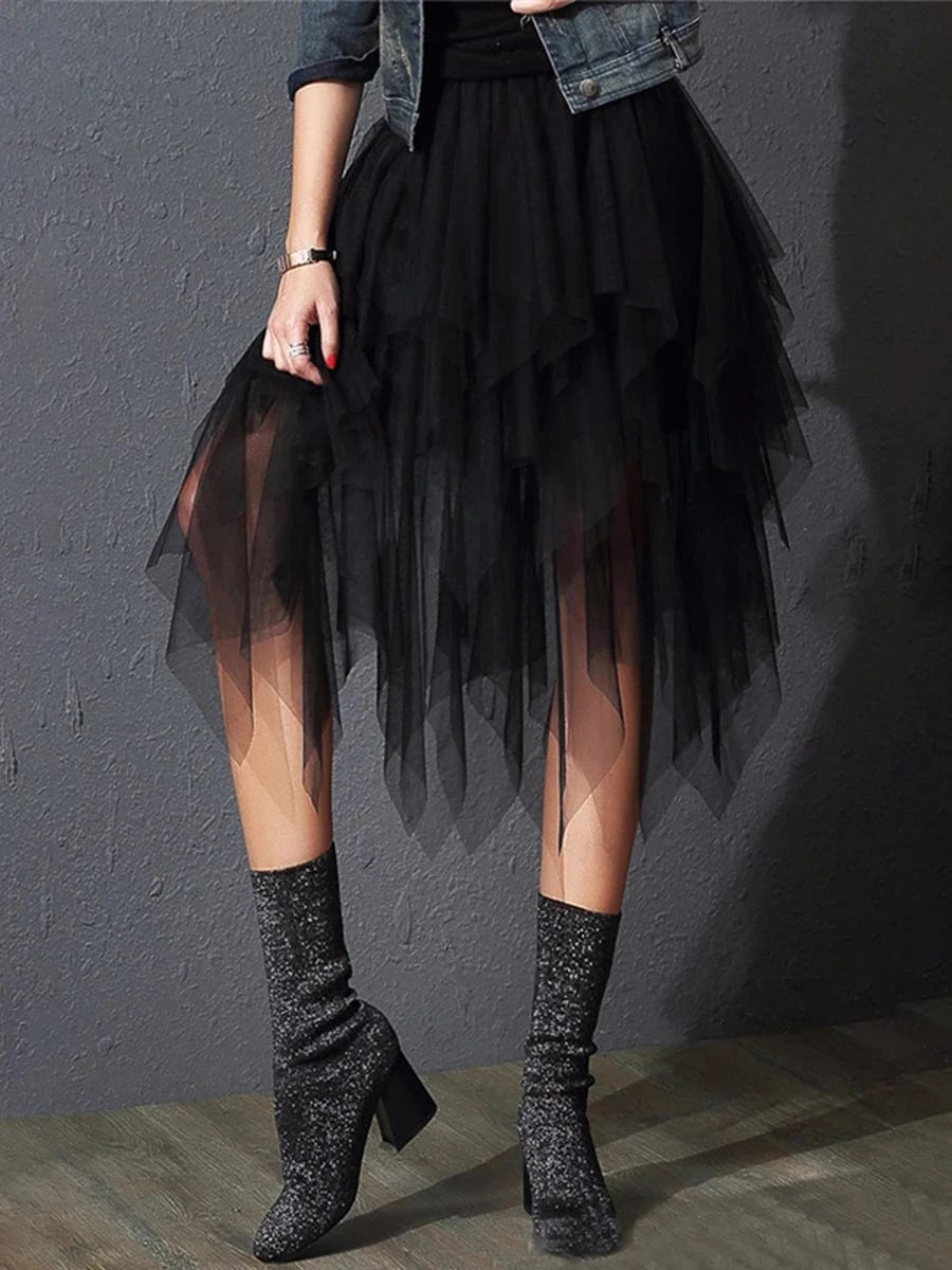 Women Tutu Tulle Skirt Elegant High Waist Mesh Tiered Layered Half Skirt Female Prom Party Midi Skirt for Summer Fairycore Y2K