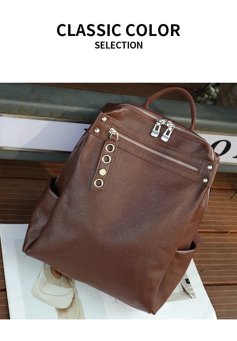 Women's Natural Cow Leather Backpacks Lady Cowhide Design Large Capacity Bags Female Retro Fashion Versatile Backpacks Ladies
