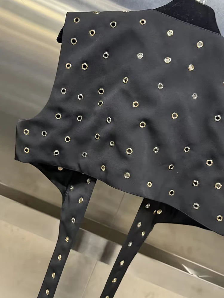 VGH Hollow Out Patchwork Rivets Waistcoats For Women V Neck Sleeveless Spliced Belt Slimming Short Waistcoat Female Fashion New