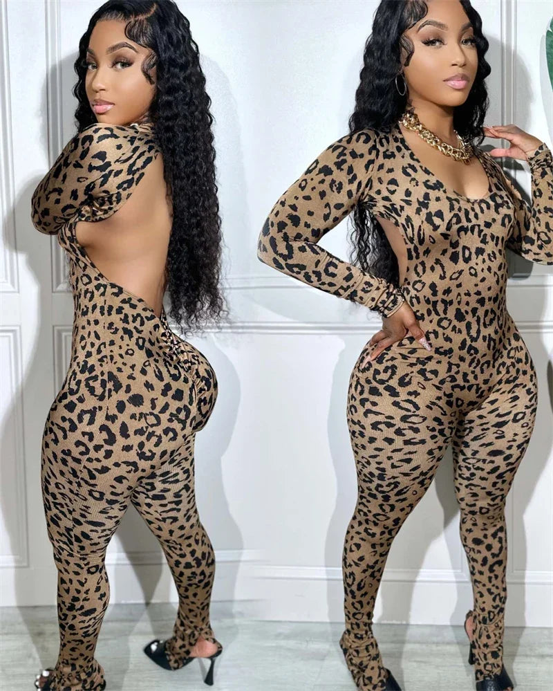 Sexy Open Back Leopard Jumpsuits Women Long Sleeve V-neck Skinny Split Flare Pants Rompers Clubwear Party One Piece Jumpsuit