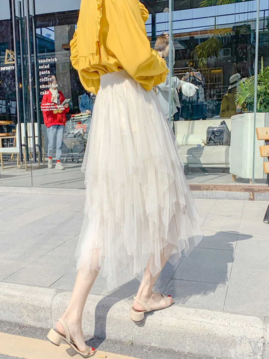 Women Tutu Tulle Skirt Elegant High Waist Mesh Tiered Layered Half Skirt Female Prom Party Midi Skirt for Summer Fairycore Y2K