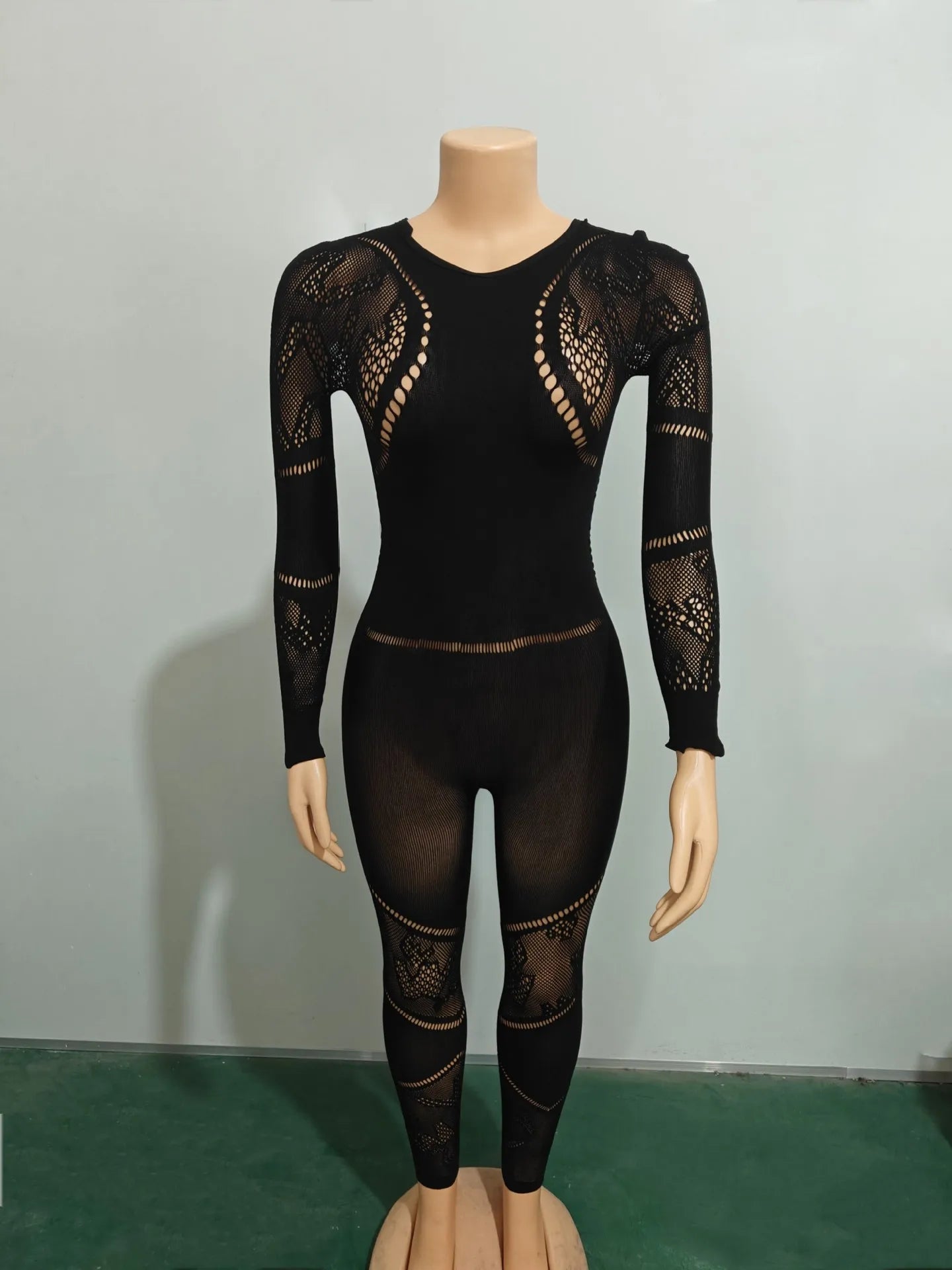 CM.YAYA Long Sleeve Sexy Mesh Lace Hollow Out Women’s Jumpsuits 2024 Fall O-Neck Night Club Party Pajamas One Piece Outfits